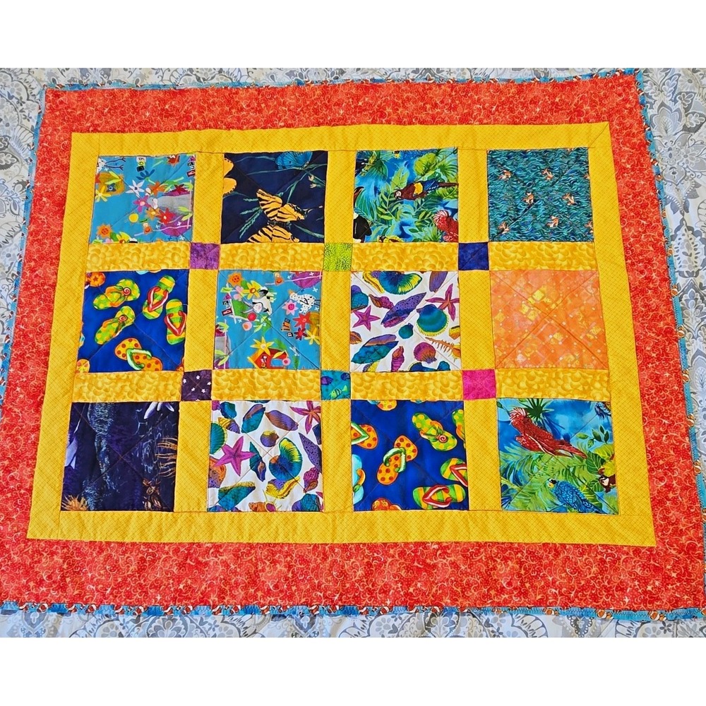 Handmade Cotton Patchwork Novelty Baby crib Quilt Blanket Multicolor fish parrot